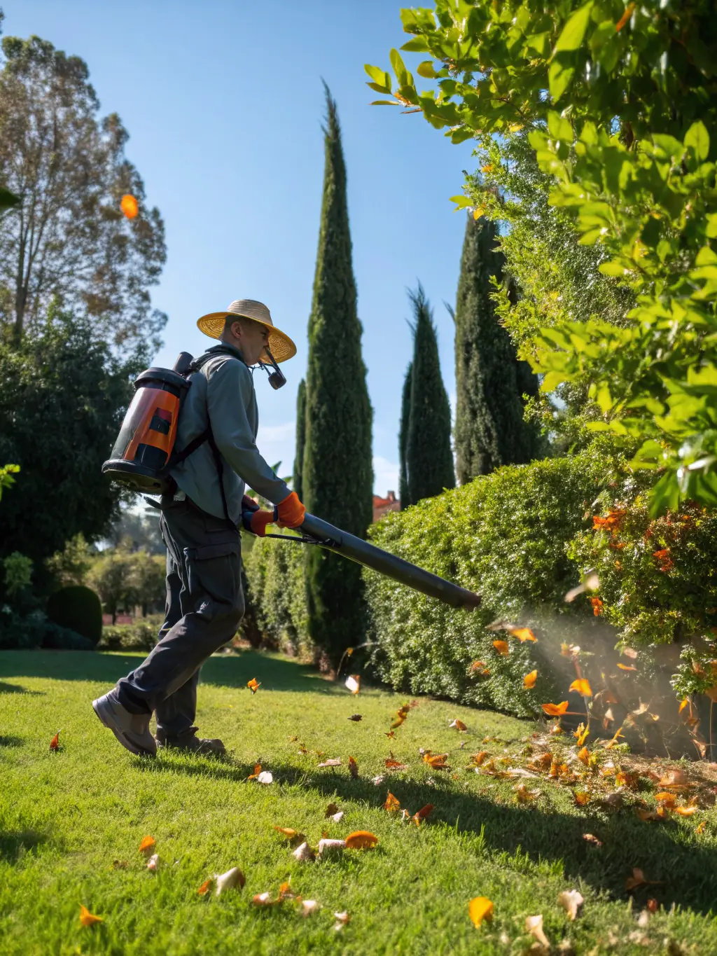 An action photo of a landscaper blowing grass clippings and leaves off a brick walkway, with a tidy, debris-free path leading to a well-kept home.