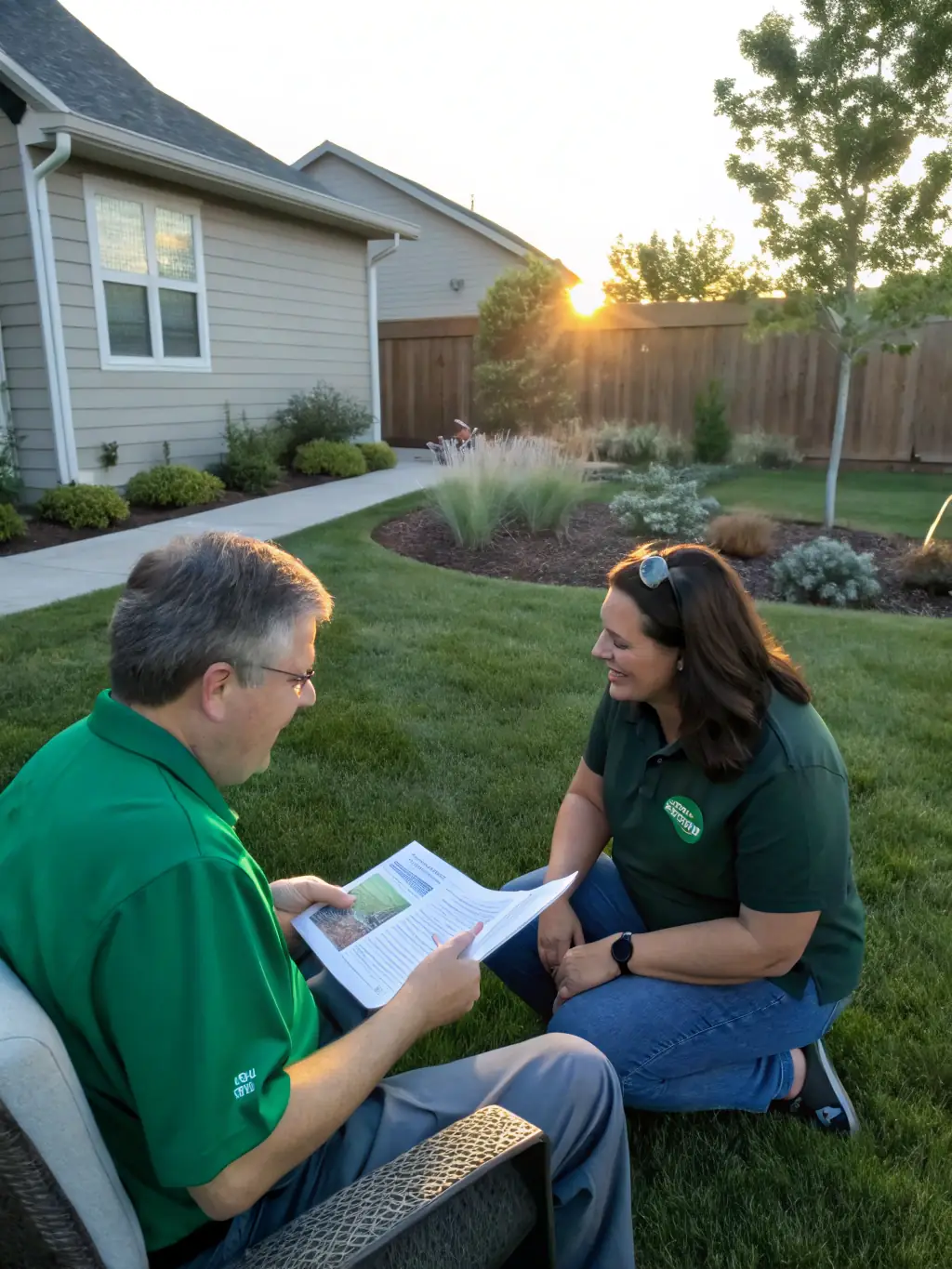 A friendly technician reviewing a maintenance schedule with a homeowner in front of a manicured lawn, both smiling, with a calendar and lawn care tools visible.
