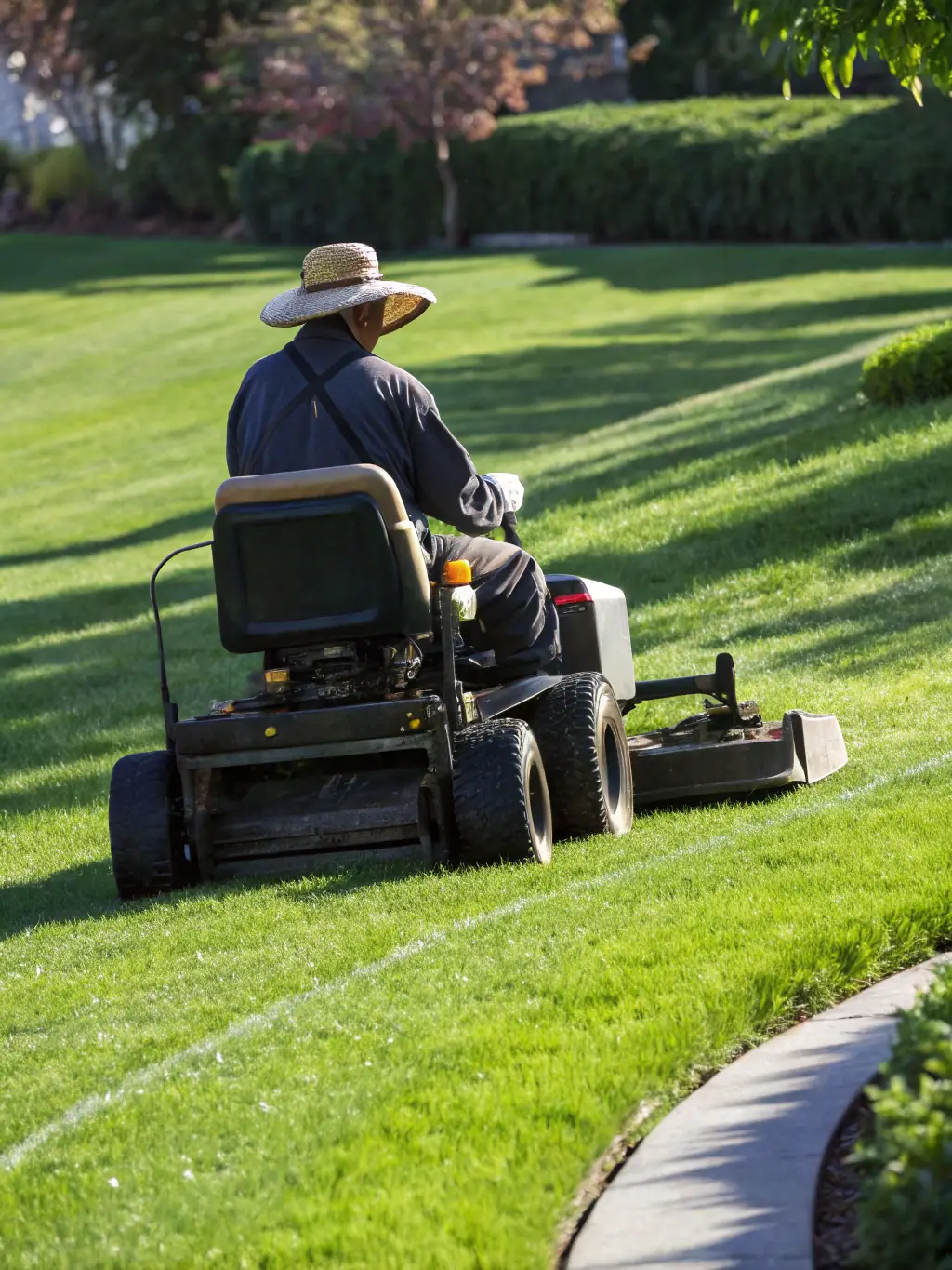 A close-up photo of a professional landscaper using a commercial-grade mower on a lush, green lawn in a sunny coastal neighborhood, palm trees in the background, representing expert mowing service.