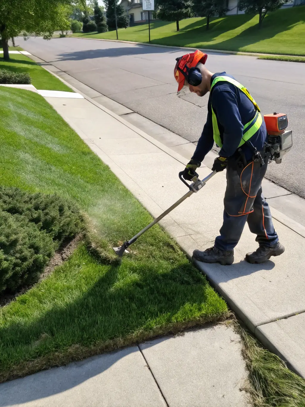 A detailed shot of a worker using a string trimmer to carefully edge along a driveway bordered by vibrant grass, with a neat, defined line separating lawn and pavement.
